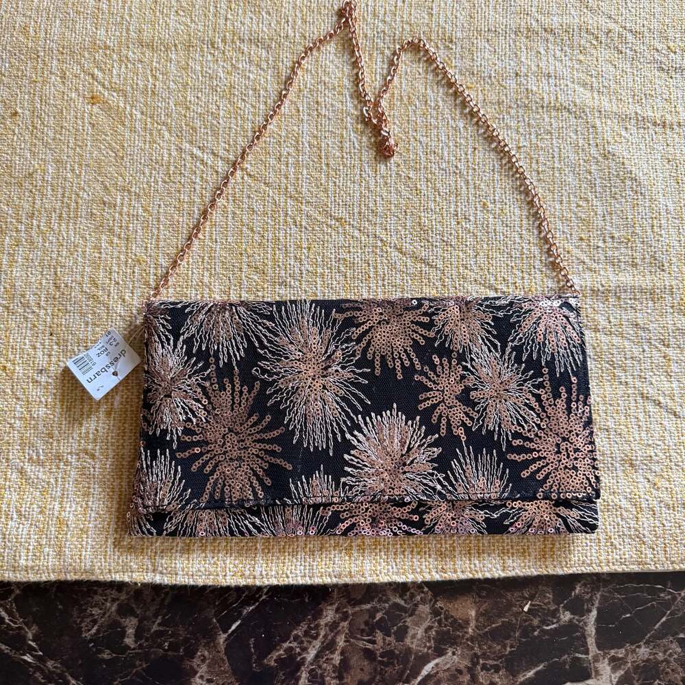 Dressbarn Black and Rose Gold Sequin Starburst Evening Clutch with Chain Strap